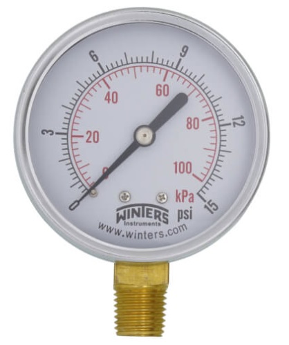 Winters Pressure Gauge, 2-1/2" Dial, 0-15 PSI